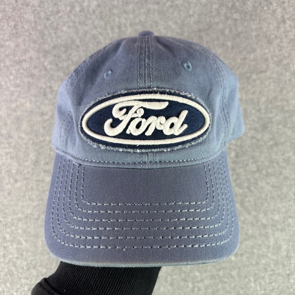 Ford Baseball Cap Mens OSFM Vintage Distressed Blue Leather Strapback EXCELLENT